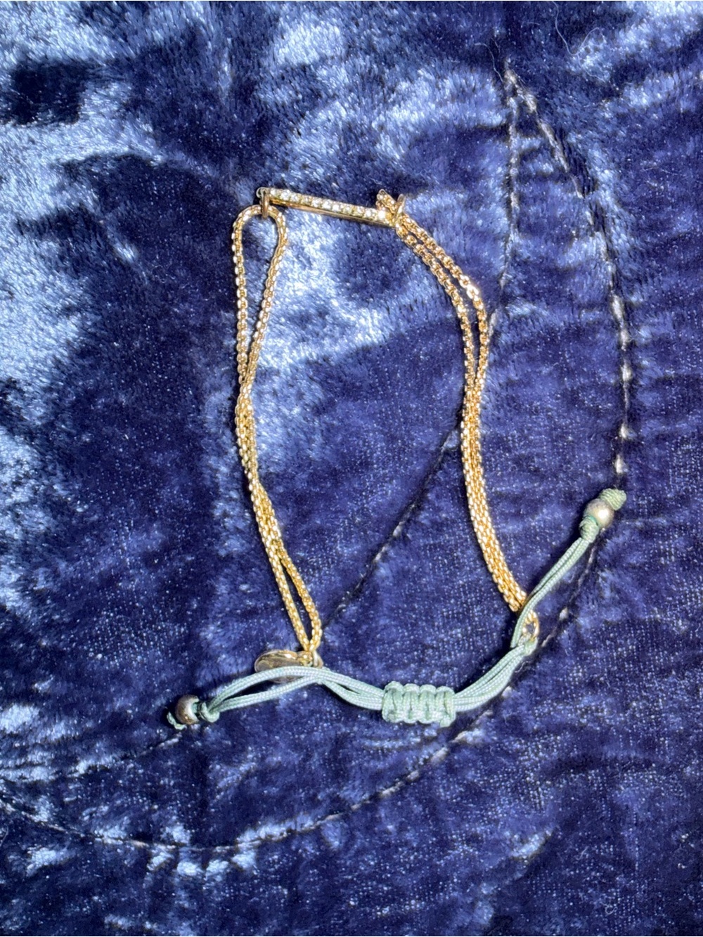 Gold Tone Layered Chain Bracelet with Blue Cord Accent